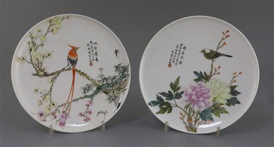 A pair of Chinese famille rose dishes, Qianlong marks probably Republic period, D. 22cm